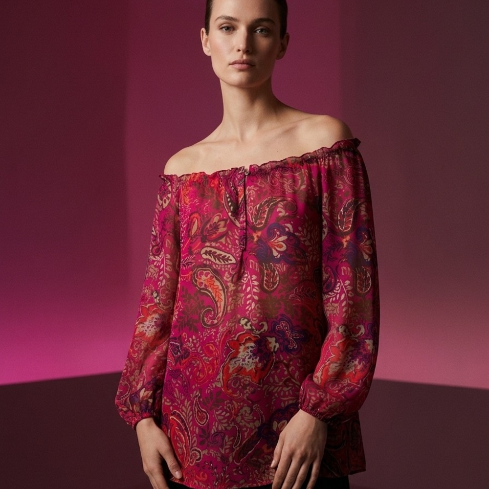 Chaps Size M Off-Shoulder Paisley Blouse in Magenta Pink